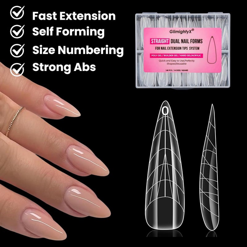GlimightyX Flat Polygel Nail Forms Almond Shape, Straight Built-in Apex Dual Forms Molds Reusable,Pre-designed French Guildelines Polygel Tips for Nail Extension Salon Home DIY - Image 3